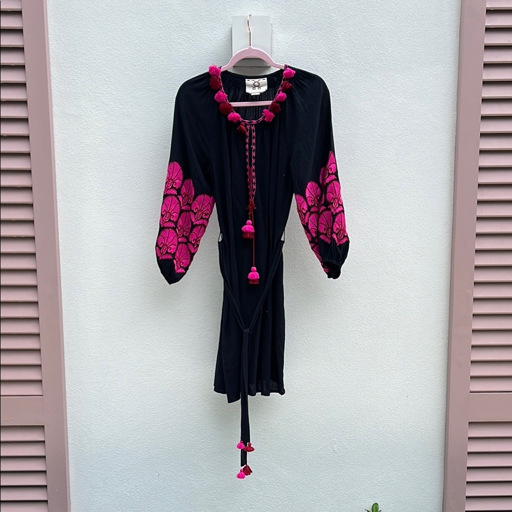 Black Dress with Pink Embroidery and Tassels
